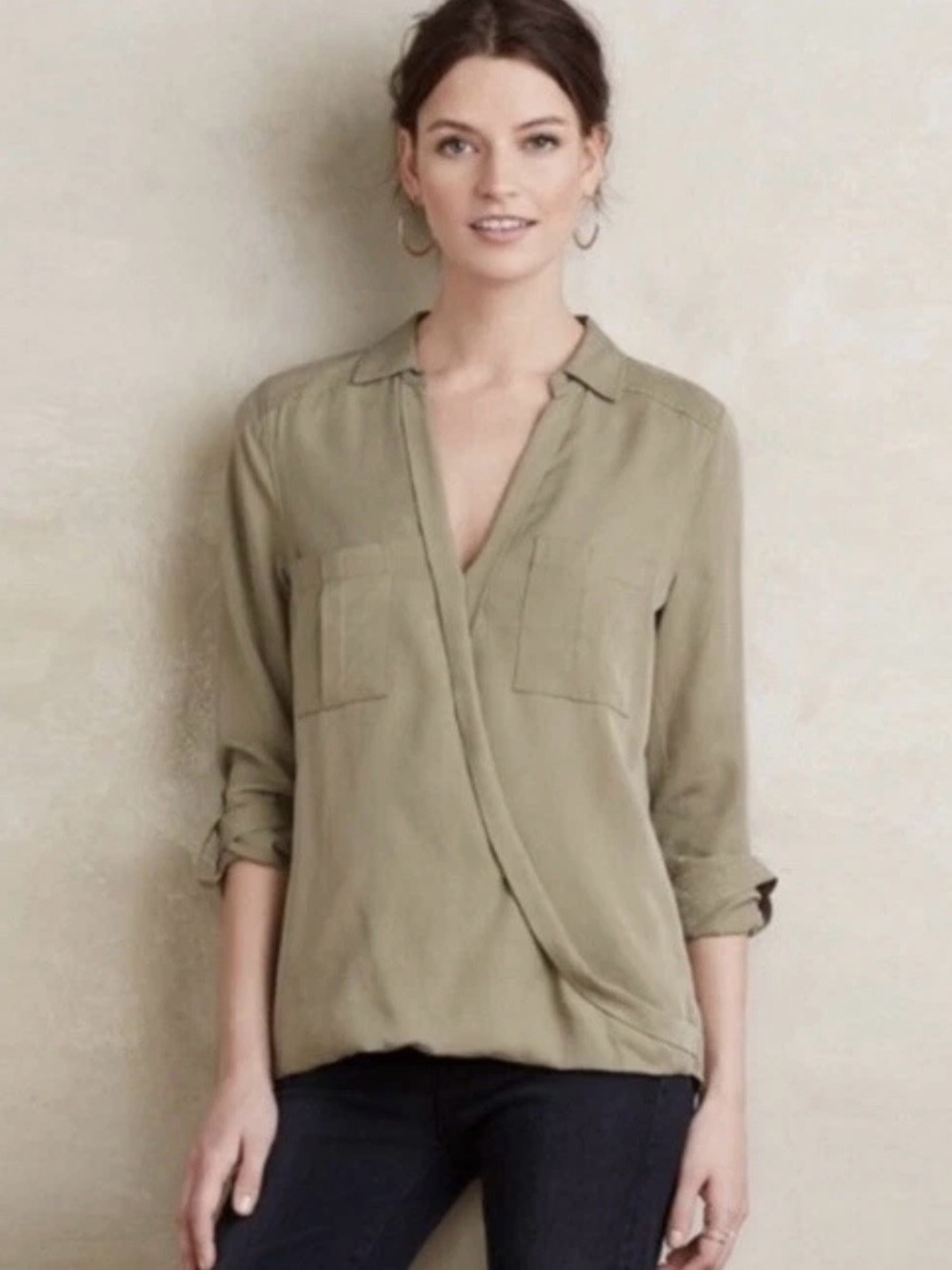 Anthropologie Holding Horses Celina Cross Front Olive Green Blouse Size 10